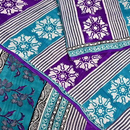 Indian Vintage Purple & blue Pure Crepe Silk Saree Floral Print 5 Yards Soft Sewing Fabric for Dressmaking, Quilting, Crafting Upcycling