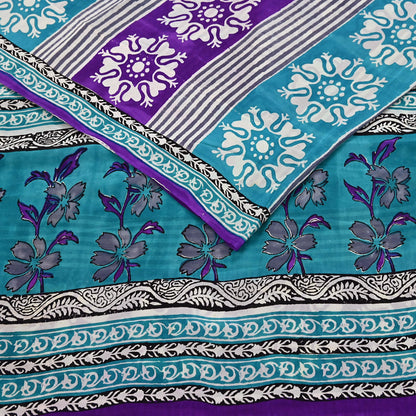 Indian Vintage Purple & blue Pure Crepe Silk Saree Floral Print 5 Yards Soft Sewing Fabric for Dressmaking, Quilting, Crafting Upcycling