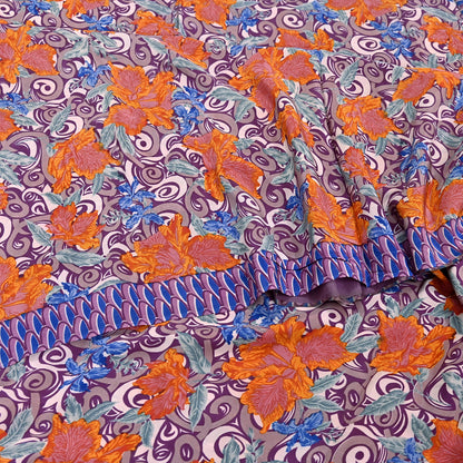 Indian Vintage Sari Purple Pure Crepe Silk Printed Sarees 5yd Sewing Floral Soft Craft Fabric Ethnic Wrap Dress Designing For Crafting