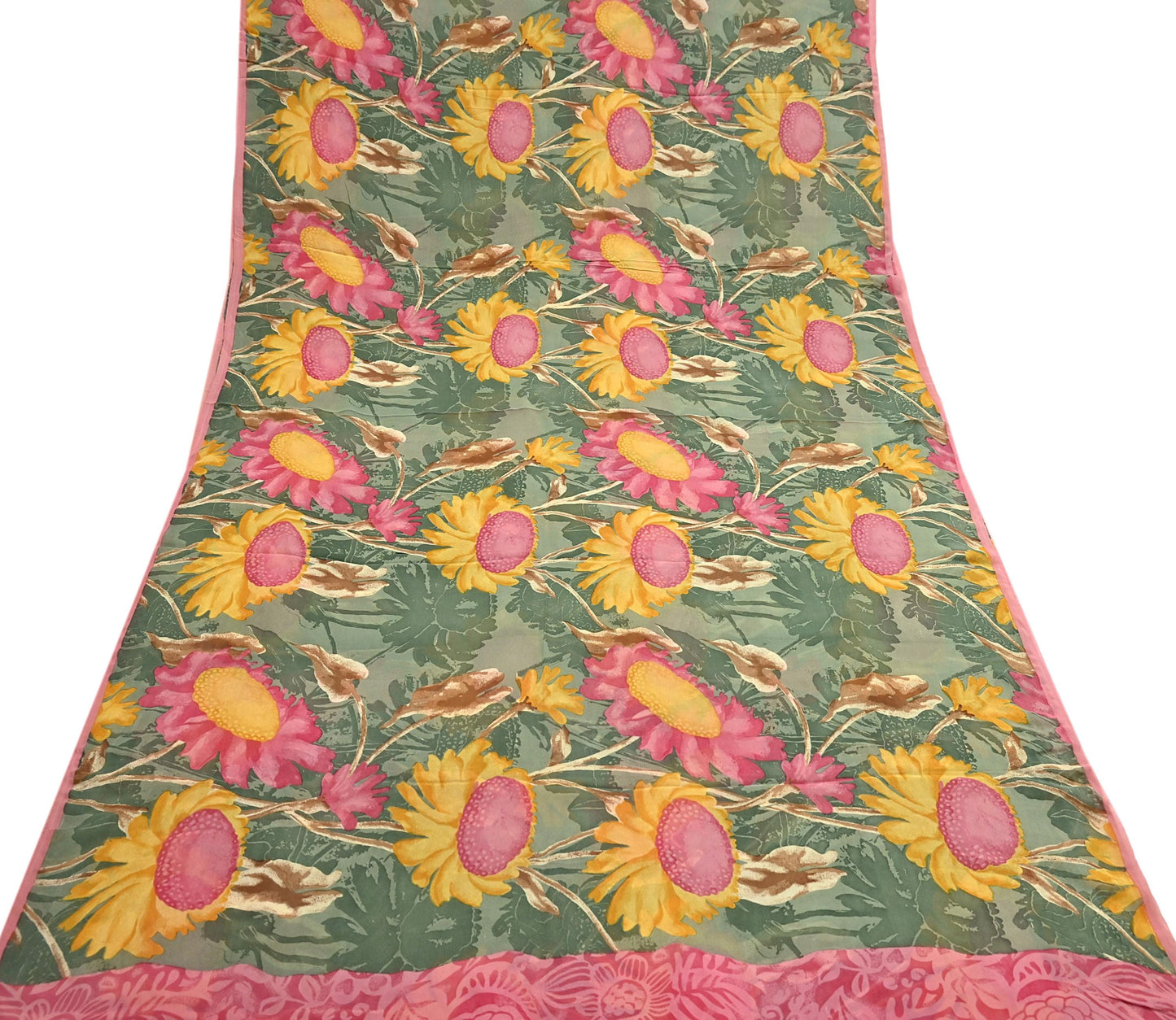Indian Vintage Sari Green 100% Pure Georgette Silk Hand Printed Sarees Sewing 5yd Craft Fabric Soft Dress Designing for Crafting
