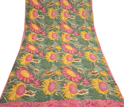 Indian Vintage Sari Green 100% Pure Georgette Silk Hand Printed Sarees Sewing 5yd Craft Fabric Soft Dress Designing for Crafting