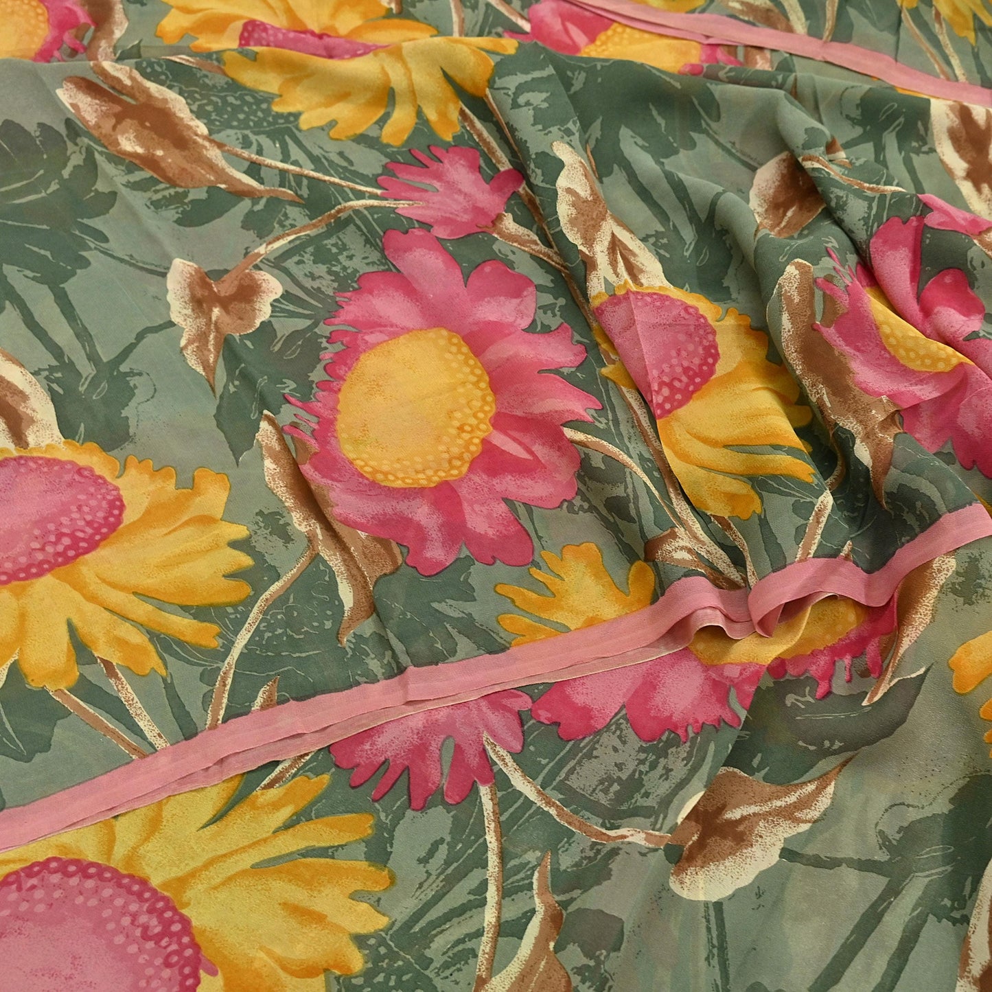 Indian Vintage Sari Green 100% Pure Georgette Silk Hand Printed Sarees Sewing 5yd Craft Fabric Soft Dress Designing for Crafting