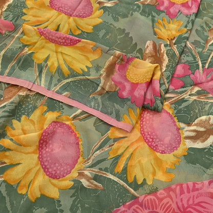 Indian Vintage Sari Green 100% Pure Georgette Silk Hand Printed Sarees Sewing 5yd Craft Fabric Soft Dress Designing for Crafting