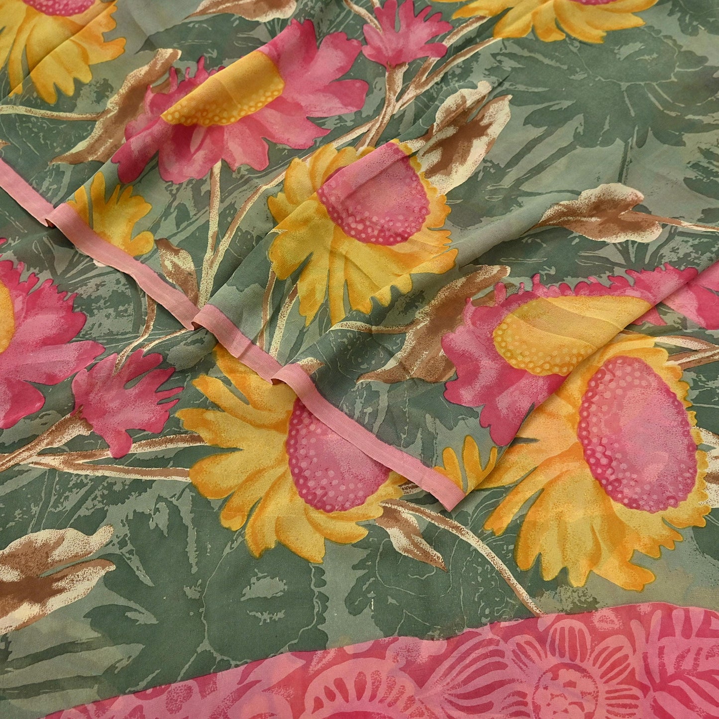 Indian Vintage Sari Green 100% Pure Georgette Silk Hand Printed Sarees Sewing 5yd Craft Fabric Soft Dress Designing for Crafting