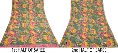 Indian Vintage Sari Green 100% Pure Georgette Silk Hand Printed Sarees Sewing 5yd Craft Fabric Soft Dress Designing for Crafting