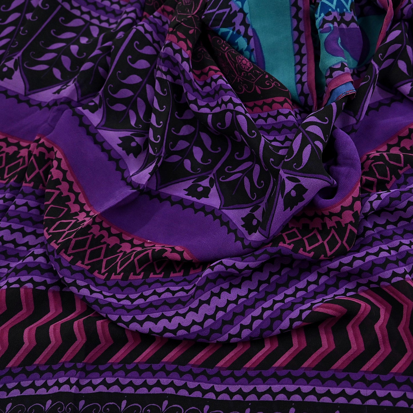 Indian Vintage Sari Black & Puprle Pure Georgette Silk Printed Sarees 5Yd Craft Fabric Sewing Quilting Dress making Crafting Dress Designing