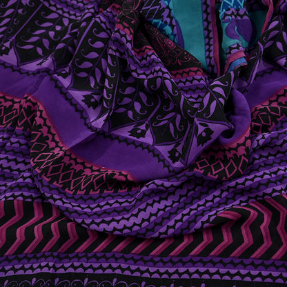 Indian Vintage Sari Black & Puprle Pure Georgette Silk Printed Sarees 5Yd Craft Fabric Sewing Quilting Dress making Crafting Dress Designing