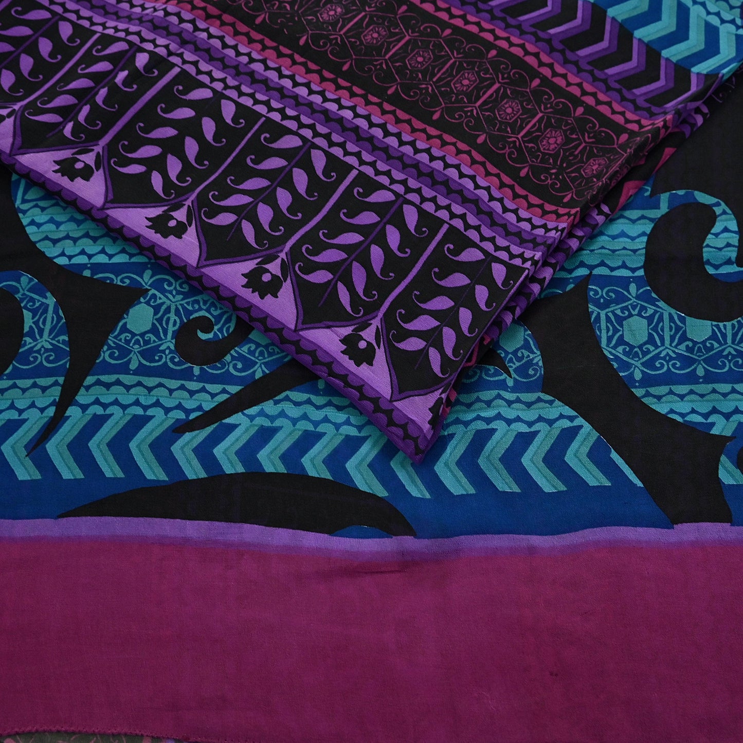 Indian Vintage Sari Black & Puprle Pure Georgette Silk Printed Sarees 5Yd Craft Fabric Sewing Quilting Dress making Crafting Dress Designing