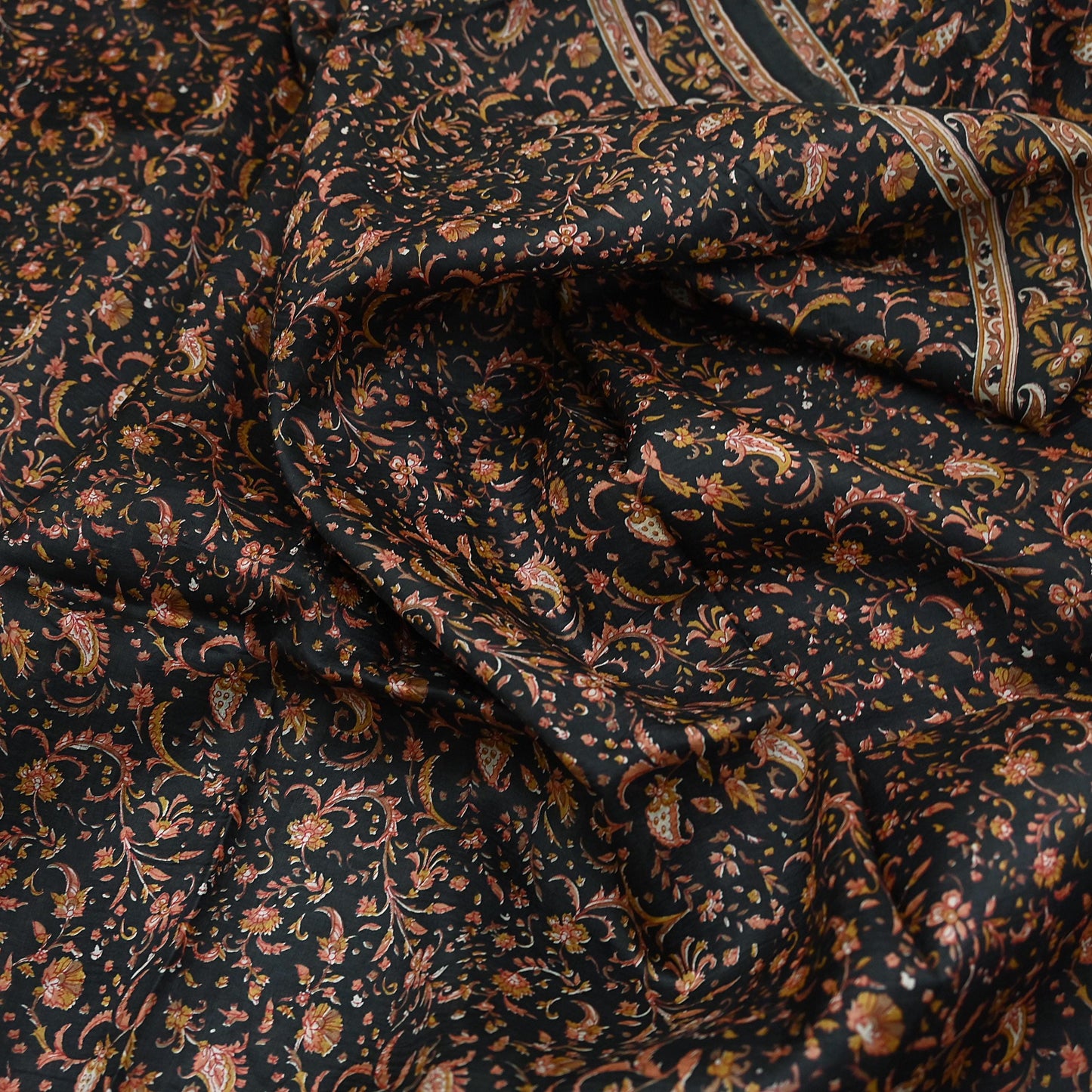 Indian Vintage Sari Black Printed Pure Silk Sarees Craft Fabric 6yd Sewing Floral Soft Dress Designing  for Crafting Quilting Upcycle Wrap