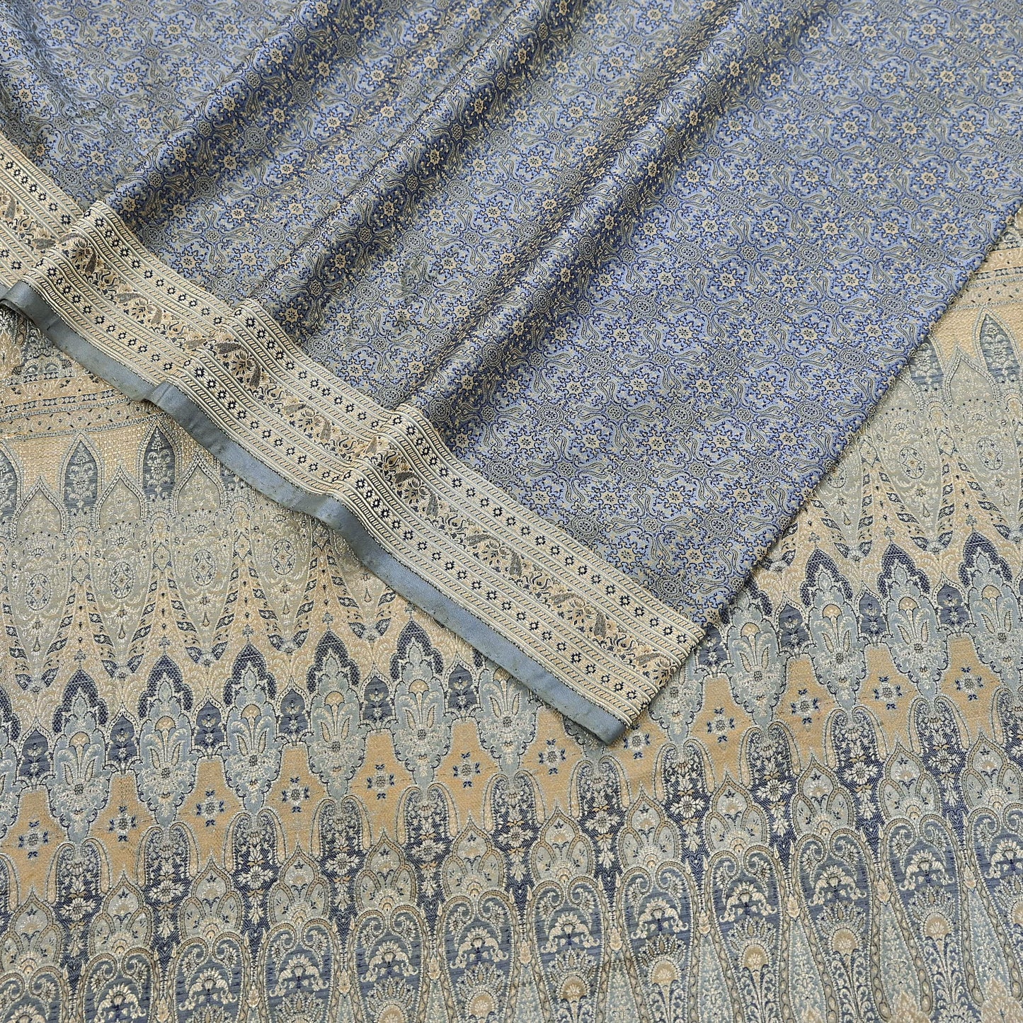 Indian Vintage Sari Gray Heavy Pure Satin Silk Woven Banarasi Tanchoi Saree 5Yd Ethnic Craft Fabric Upcycle Bridal Heavy Sarees