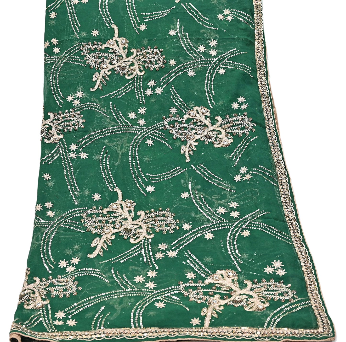 Indian Vintage Heavy Bridal Bottle Green Dupatta Pure Georgette Silk Long Stole Hand Embroidered Scarf Zardozi/Dabka Wedding red Hijab veil