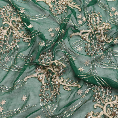 Indian Vintage Heavy Bridal Bottle Green Dupatta Pure Georgette Silk Long Stole Hand Embroidered Scarf Zardozi/Dabka Wedding red Hijab veil