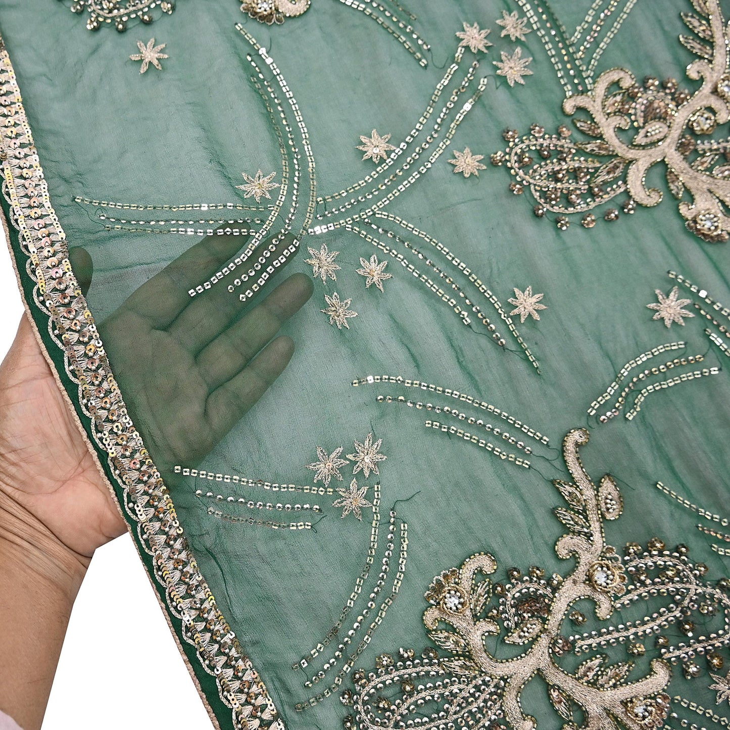 Indian Vintage Heavy Bridal Bottle Green Dupatta Pure Georgette Silk Long Stole Hand Embroidered Scarf Zardozi/Dabka Wedding red Hijab veil
