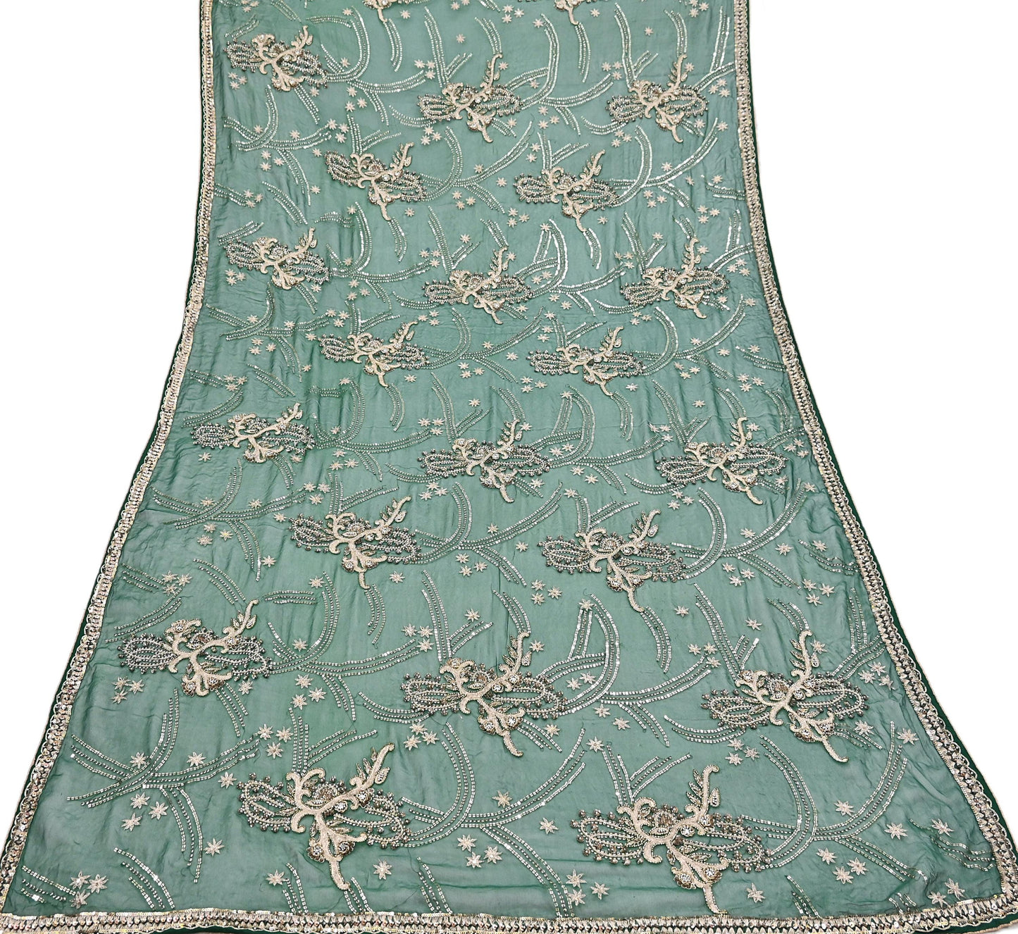 Indian Vintage Heavy Bridal Bottle Green Dupatta Pure Georgette Silk Long Stole Hand Embroidered Scarf Zardozi/Dabka Wedding red Hijab veil