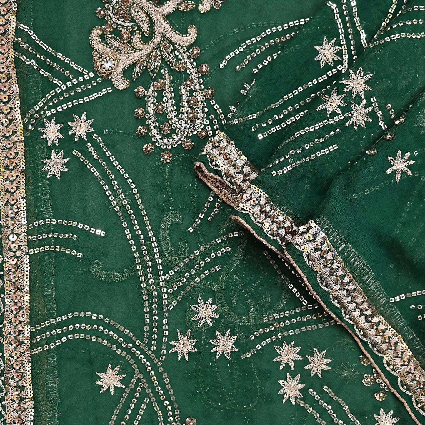 Indian Vintage Heavy Bridal Bottle Green Dupatta Pure Georgette Silk Long Stole Hand Embroidered Scarf Zardozi/Dabka Wedding red Hijab veil