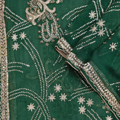 Indian Vintage Heavy Bridal Bottle Green Dupatta Pure Georgette Silk Long Stole Hand Embroidered Scarf Zardozi/Dabka Wedding red Hijab veil