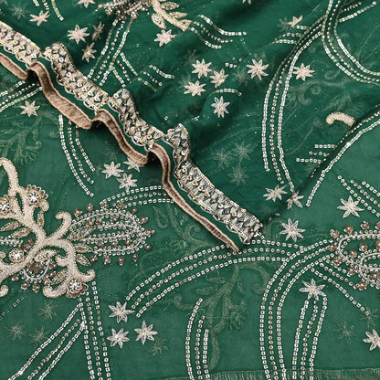 Indian Vintage Heavy Bridal Bottle Green Dupatta Pure Georgette Silk Long Stole Hand Embroidered Scarf Zardozi/Dabka Wedding red Hijab veil