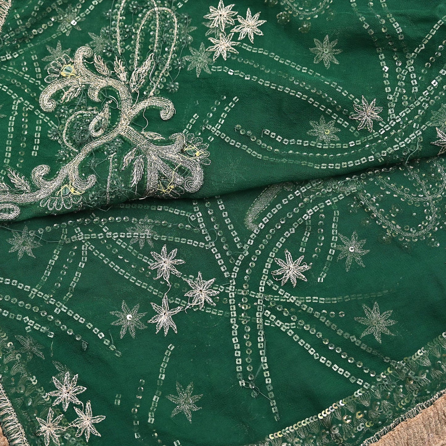 Indian Vintage Heavy Bridal Bottle Green Dupatta Pure Georgette Silk Long Stole Hand Embroidered Scarf Zardozi/Dabka Wedding red Hijab veil
