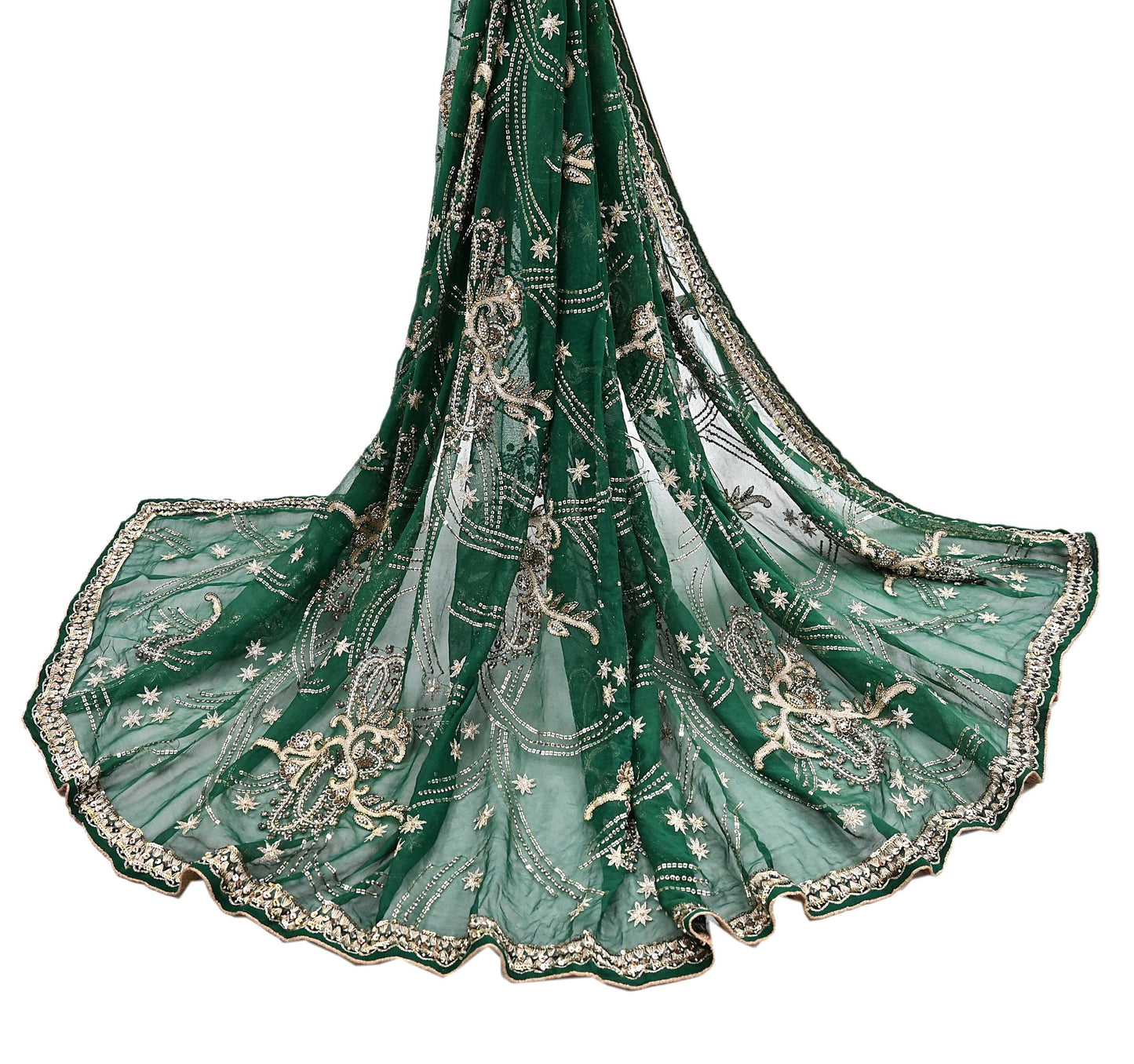 Indian Vintage Heavy Bridal Bottle Green Dupatta Pure Georgette Silk Long Stole Hand Embroidered Scarf Zardozi/Dabka Wedding red Hijab veil