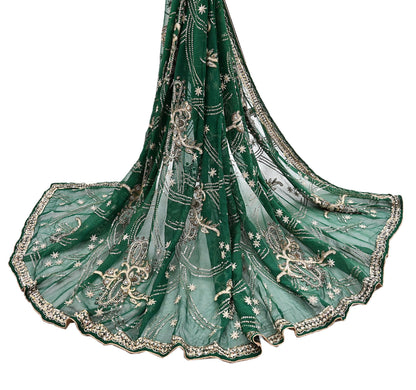 Indian Vintage Heavy Bridal Bottle Green Dupatta Pure Georgette Silk Long Stole Hand Embroidered Scarf Zardozi/Dabka Wedding red Hijab veil