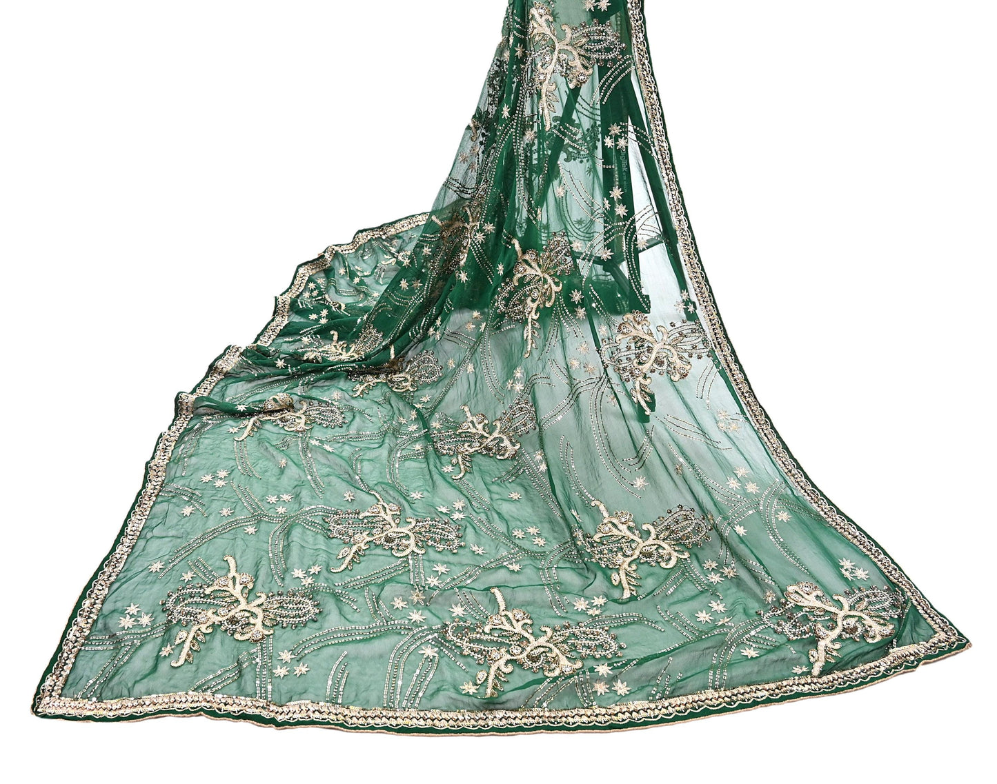 Indian Vintage Heavy Bridal Bottle Green Dupatta Pure Georgette Silk Long Stole Hand Embroidered Scarf Zardozi/Dabka Wedding red Hijab veil