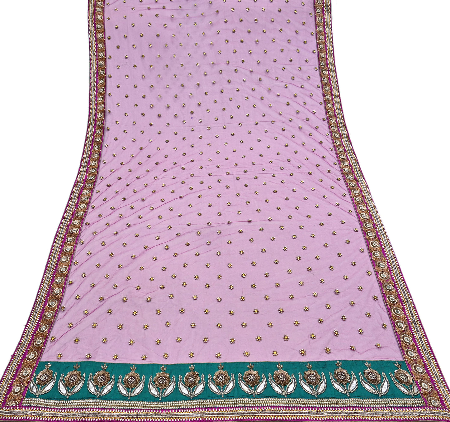 Indian Vintage Heavy Wedding Pink Dupatta Net Mesh Long Stole Hand Embroidered Scarves Golden Zardozi Dabka Zari Stole