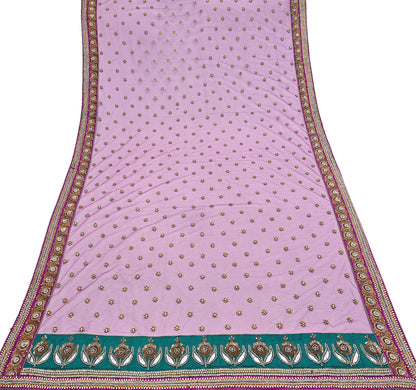 Indian Vintage Heavy Wedding Pink Dupatta Net Mesh Long Stole Hand Embroidered Scarves Golden Zardozi Dabka Zari Stole
