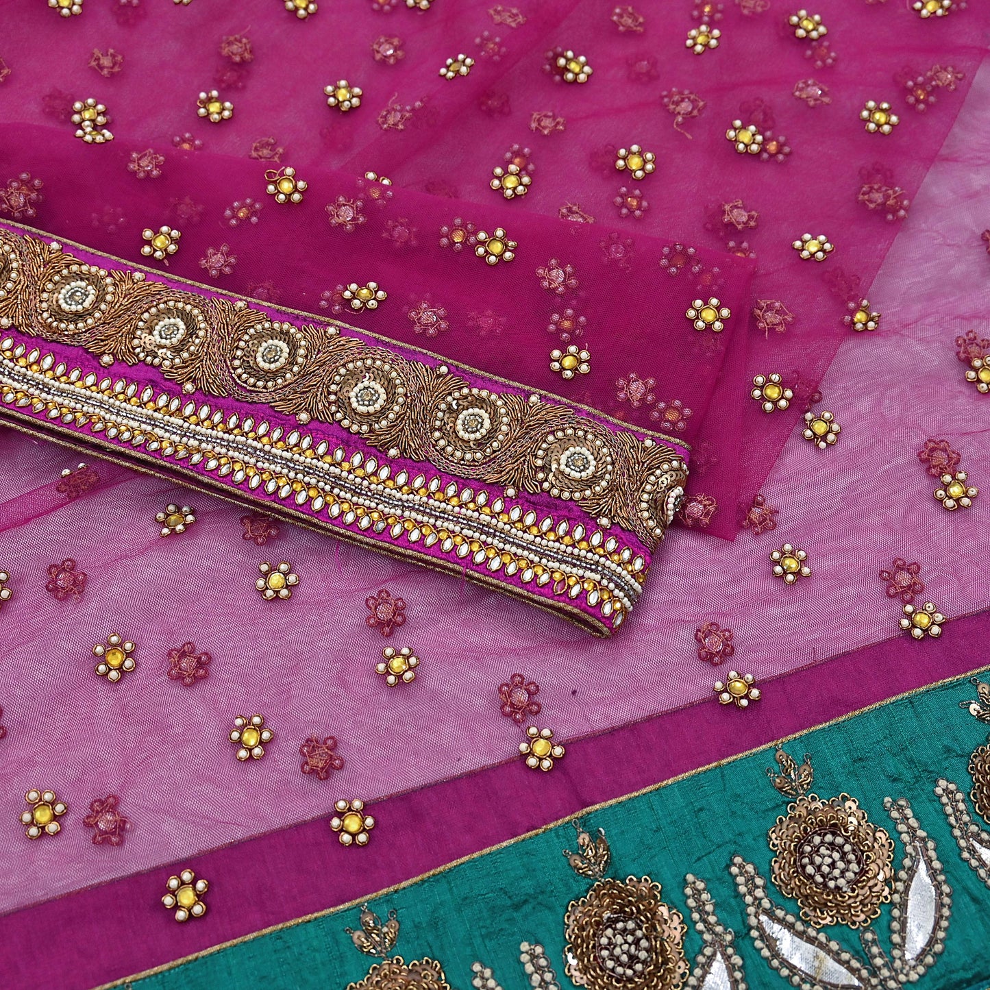 Indian Vintage Heavy Wedding Pink Dupatta Net Mesh Long Stole Hand Embroidered Scarves Golden Zardozi Dabka Zari Stole