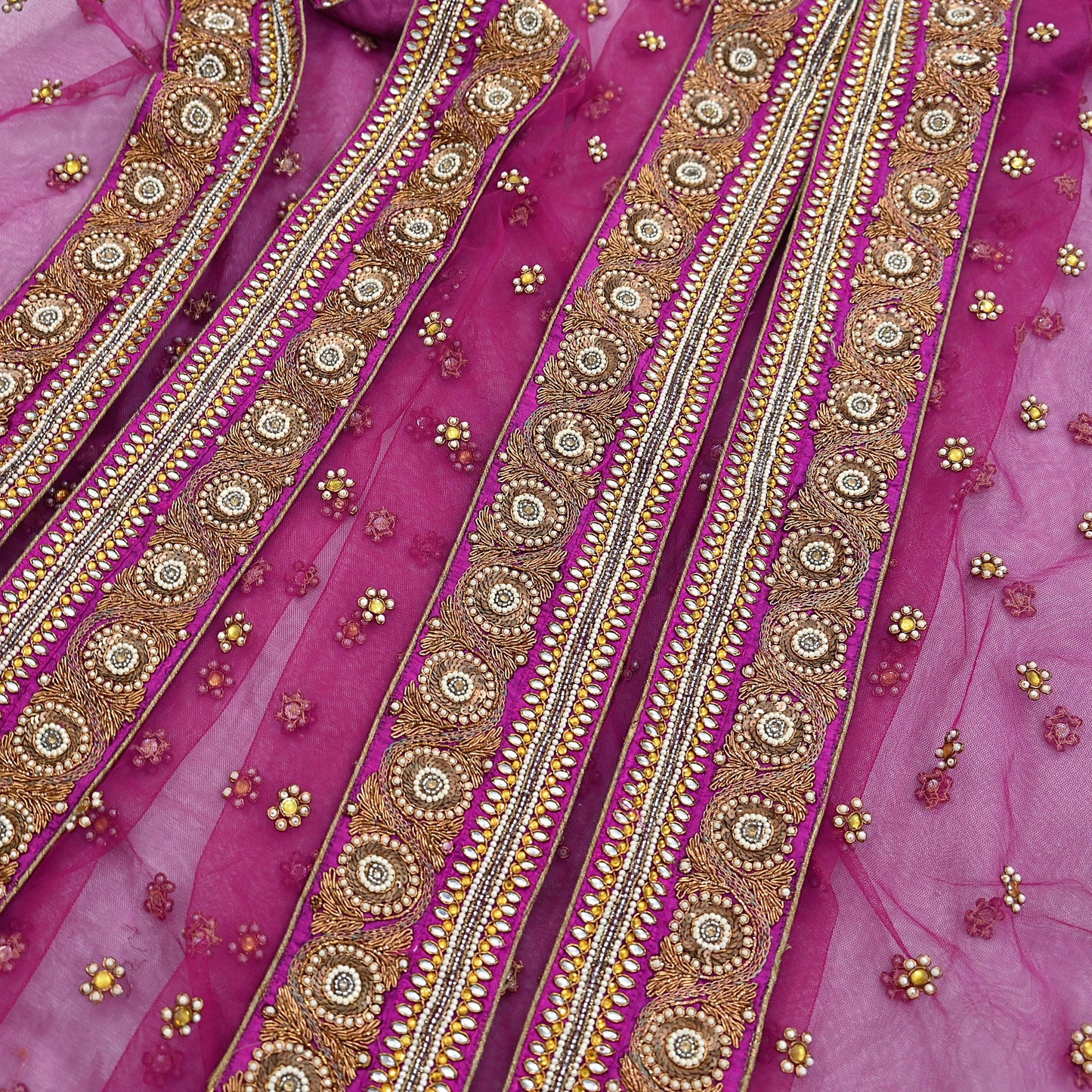 Indian Vintage Heavy Wedding Pink Dupatta Net Mesh Long Stole Hand Embroidered Scarves Golden Zardozi Dabka Zari Stole