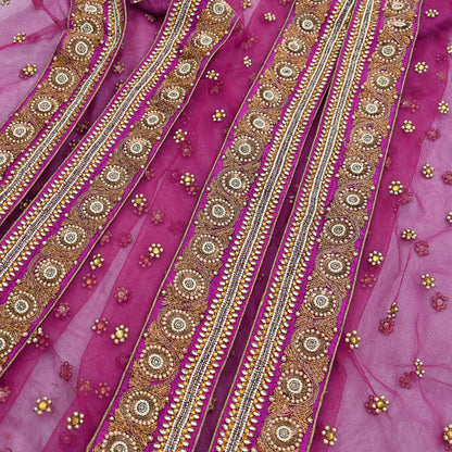 Indian Vintage Heavy Wedding Pink Dupatta Net Mesh Long Stole Hand Embroidered Scarves Golden Zardozi Dabka Zari Stole