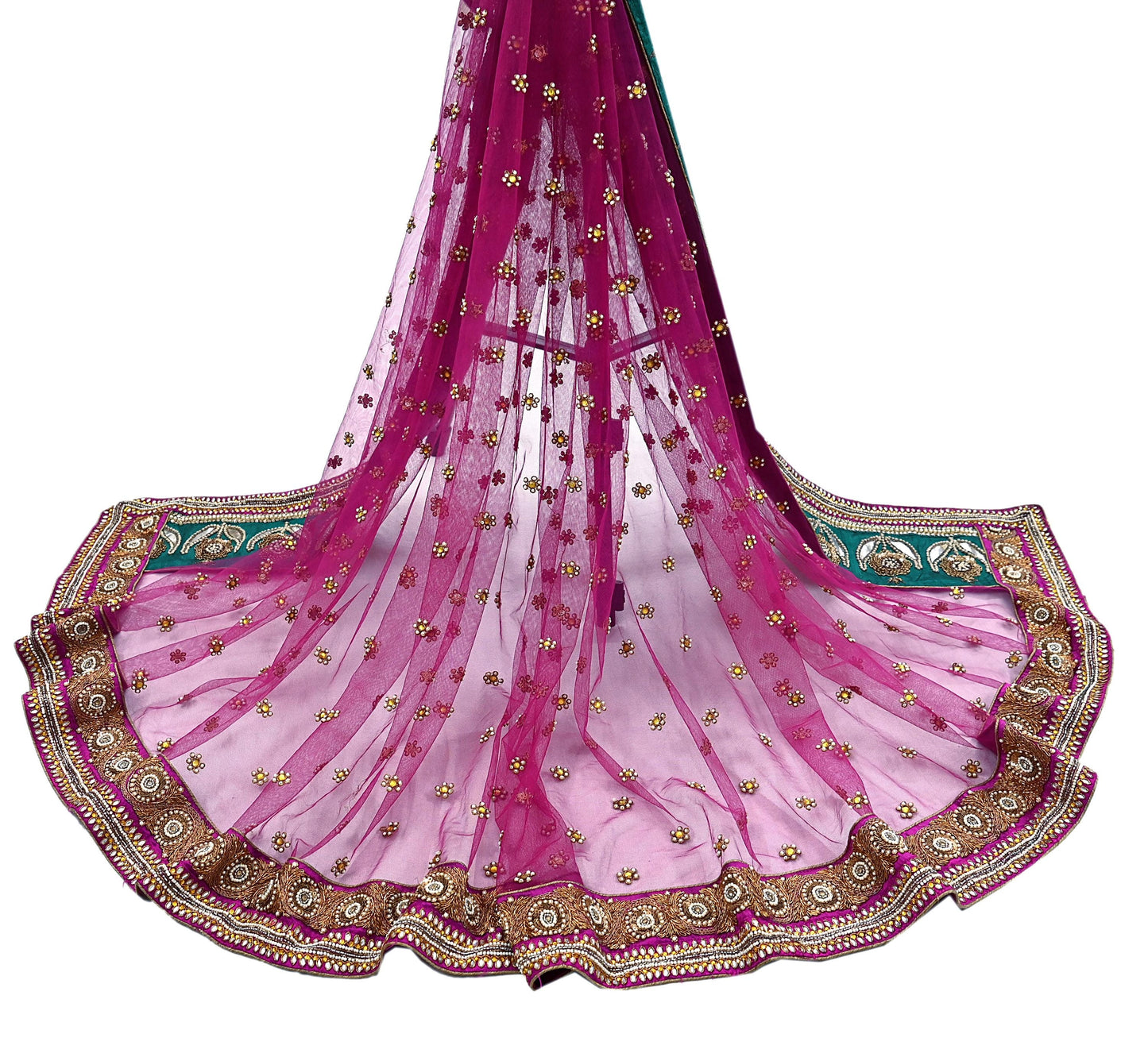 Indian Vintage Heavy Wedding Pink Dupatta Net Mesh Long Stole Hand Embroidered Scarves Golden Zardozi Dabka Zari Stole