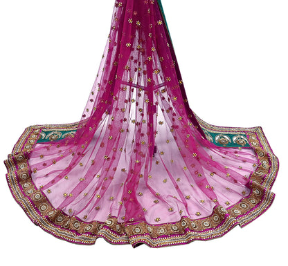 Indian Vintage Heavy Wedding Pink Dupatta Net Mesh Long Stole Hand Embroidered Scarves Golden Zardozi Dabka Zari Stole