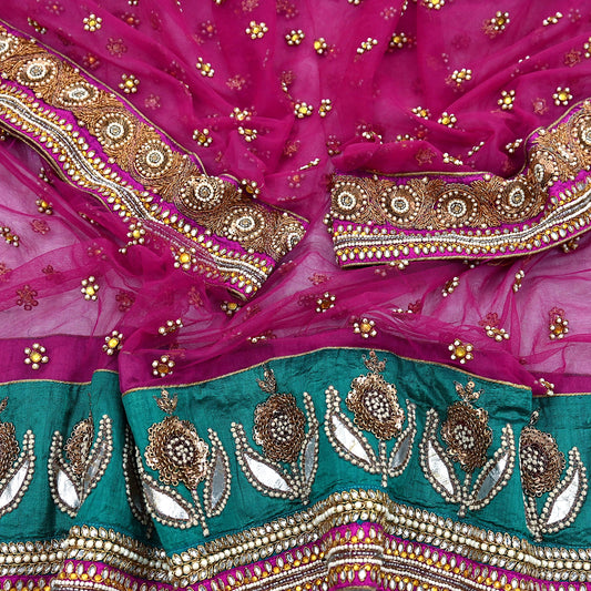 Indian Vintage Heavy Wedding Pink Dupatta Net Mesh Long Stole Hand Embroidered Scarves Golden Zardozi Dabka Zari Stole