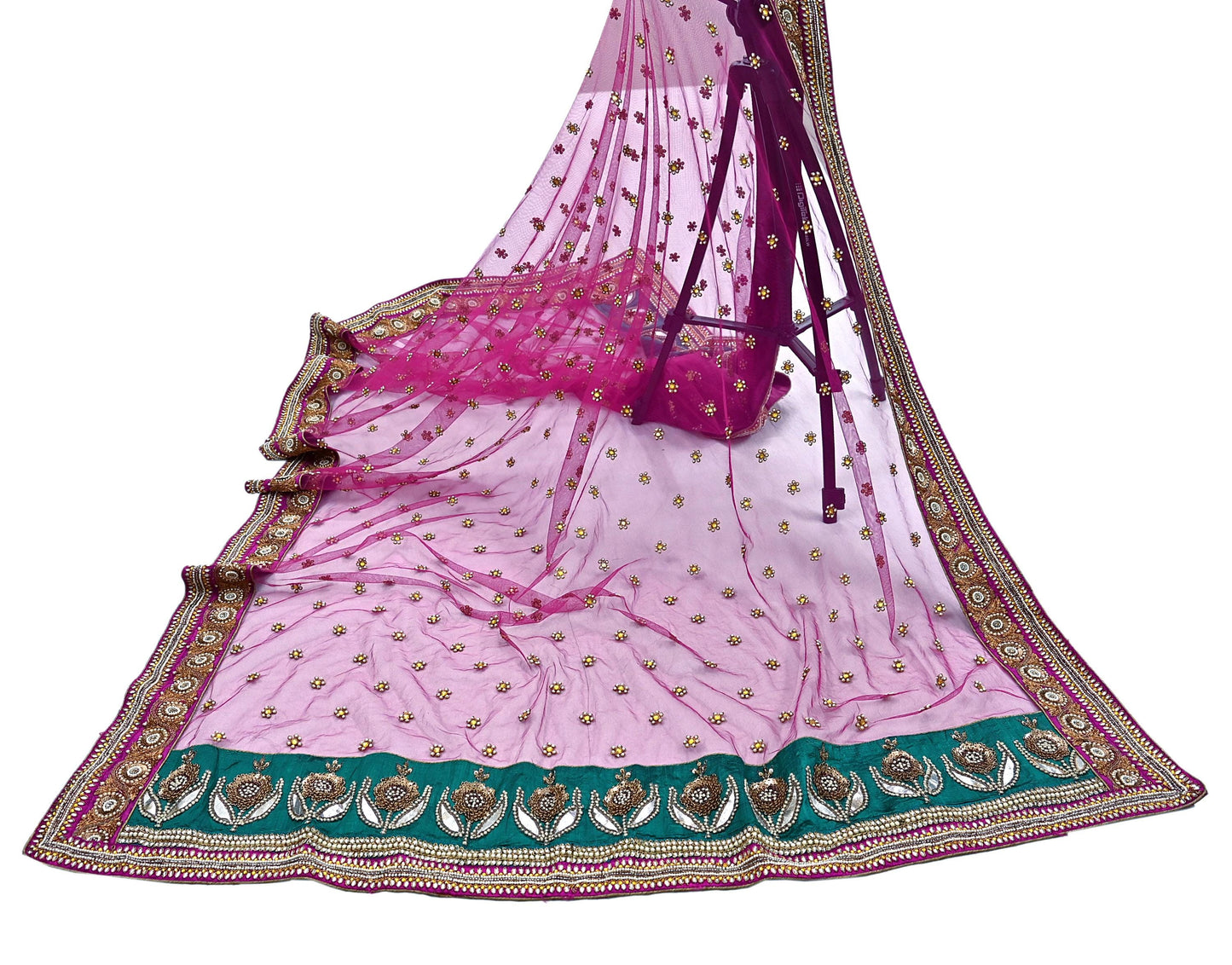 Indian Vintage Heavy Wedding Pink Dupatta Net Mesh Long Stole Hand Embroidered Scarves Golden Zardozi Dabka Zari Stole