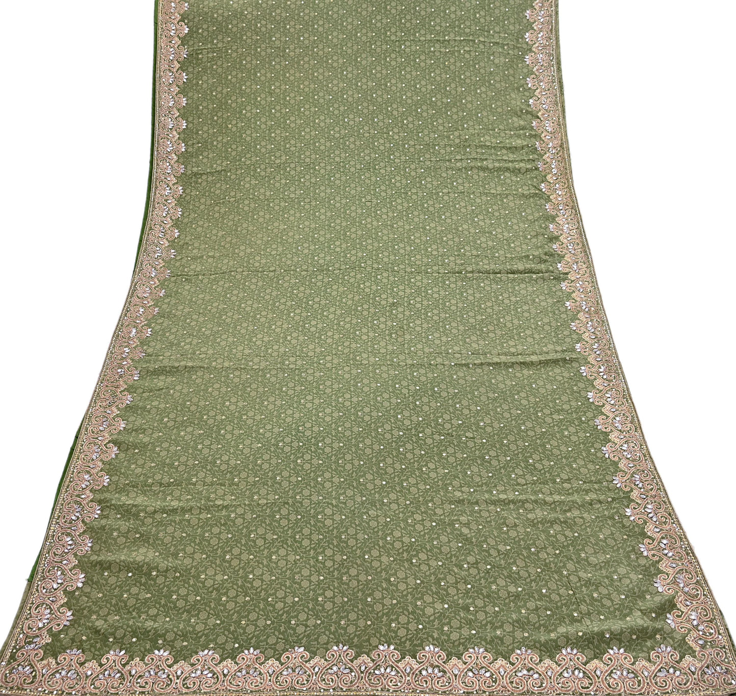 Indian Vintage Heavy Sari Green Pure Crepe Silk Hand Embroidered Sarees Craft Fabric 5Yd Sewing Zardozi Dress making