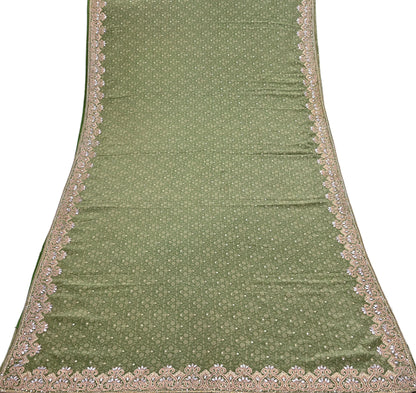 Indian Vintage Heavy Sari Green Pure Crepe Silk Hand Embroidered Sarees Craft Fabric 5Yd Sewing Zardozi Dress making