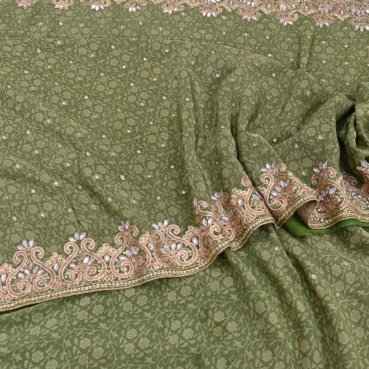 Indian Vintage Heavy Sari Green Pure Crepe Silk Hand Embroidered Sarees Craft Fabric 5Yd Sewing Zardozi Dress making