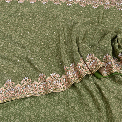 Indian Vintage Heavy Sari Green Pure Crepe Silk Hand Embroidered Sarees Craft Fabric 5Yd Sewing Zardozi Dress making