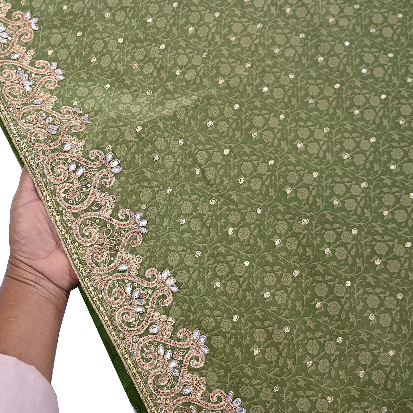 Indian Vintage Heavy Sari Green Pure Crepe Silk Hand Embroidered Sarees Craft Fabric 5Yd Sewing Zardozi Dress making