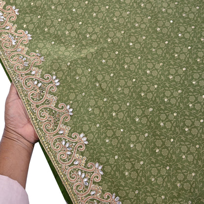 Indian Vintage Heavy Sari Green Pure Crepe Silk Hand Embroidered Sarees Craft Fabric 5Yd Sewing Zardozi Dress making