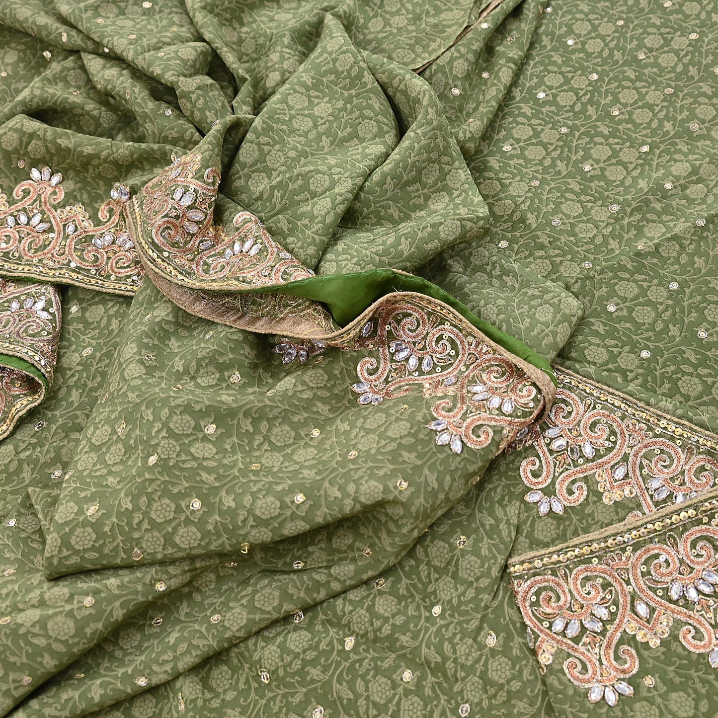 Indian Vintage Heavy Sari Green Pure Crepe Silk Hand Embroidered Sarees Craft Fabric 5Yd Sewing Zardozi Dress making