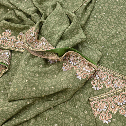 Indian Vintage Heavy Sari Green Pure Crepe Silk Hand Embroidered Sarees Craft Fabric 5Yd Sewing Zardozi Dress making