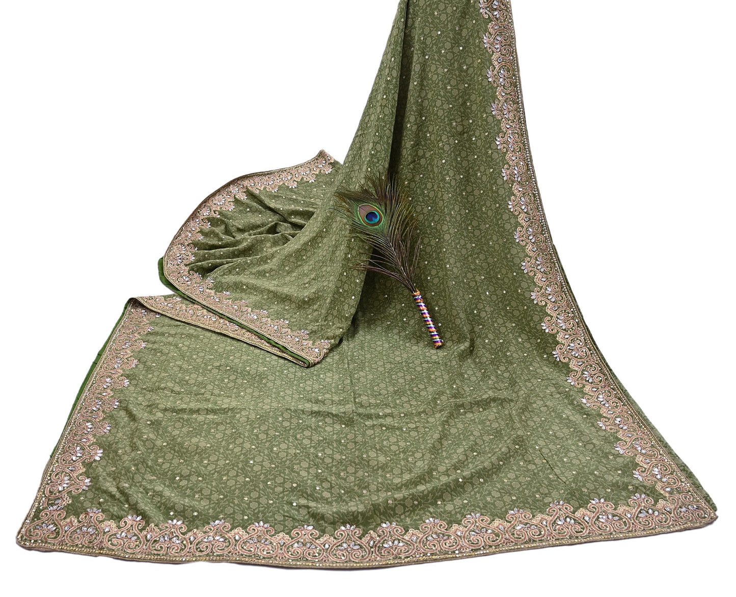 Indian Vintage Heavy Sari Green Pure Crepe Silk Hand Embroidered Sarees Craft Fabric 5Yd Sewing Zardozi Dress making