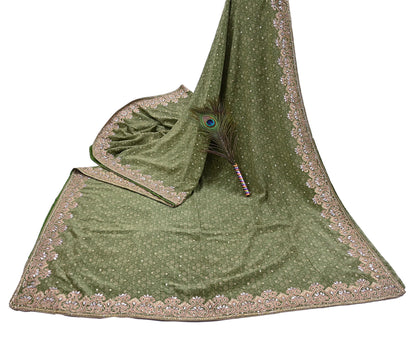 Indian Vintage Heavy Sari Green Pure Crepe Silk Hand Embroidered Sarees Craft Fabric 5Yd Sewing Zardozi Dress making