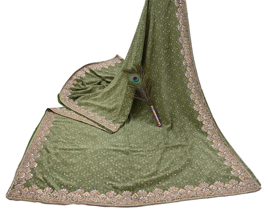 Indian Vintage Heavy Sari Green Pure Crepe Silk Hand Embroidered Sarees Craft Fabric 5Yd Sewing Zardozi Dress making