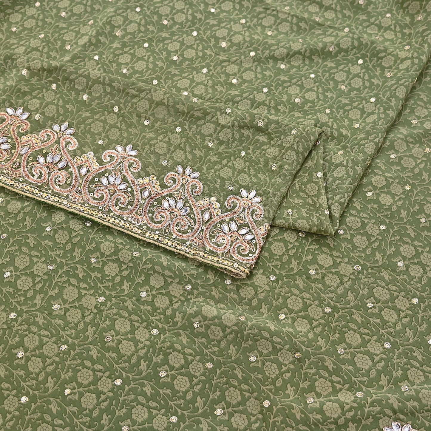 Indian Vintage Heavy Sari Green Pure Crepe Silk Hand Embroidered Sarees Craft Fabric 5Yd Sewing Zardozi Dress making