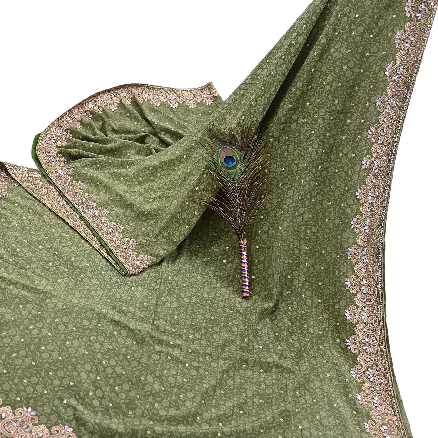 Indian Vintage Heavy Sari Green Pure Crepe Silk Hand Embroidered Sarees Craft Fabric 5Yd Sewing Zardozi Dress making