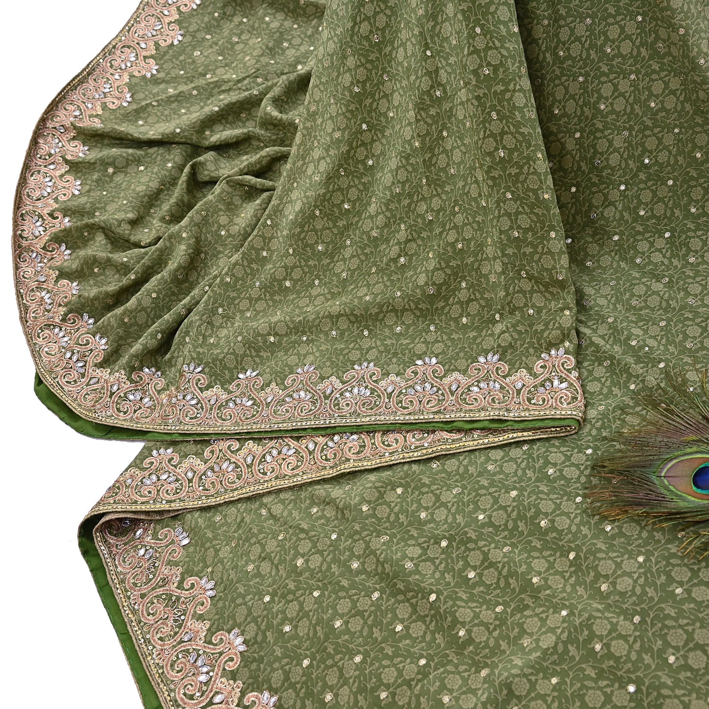 Indian Vintage Heavy Sari Green Pure Crepe Silk Hand Embroidered Sarees Craft Fabric 5Yd Sewing Zardozi Dress making