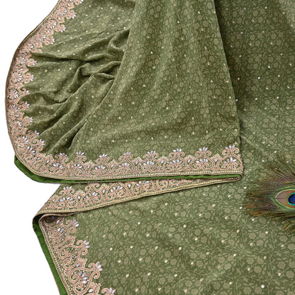 Indian Vintage Heavy Sari Green Pure Crepe Silk Hand Embroidered Sarees Craft Fabric 5Yd Sewing Zardozi Dress making