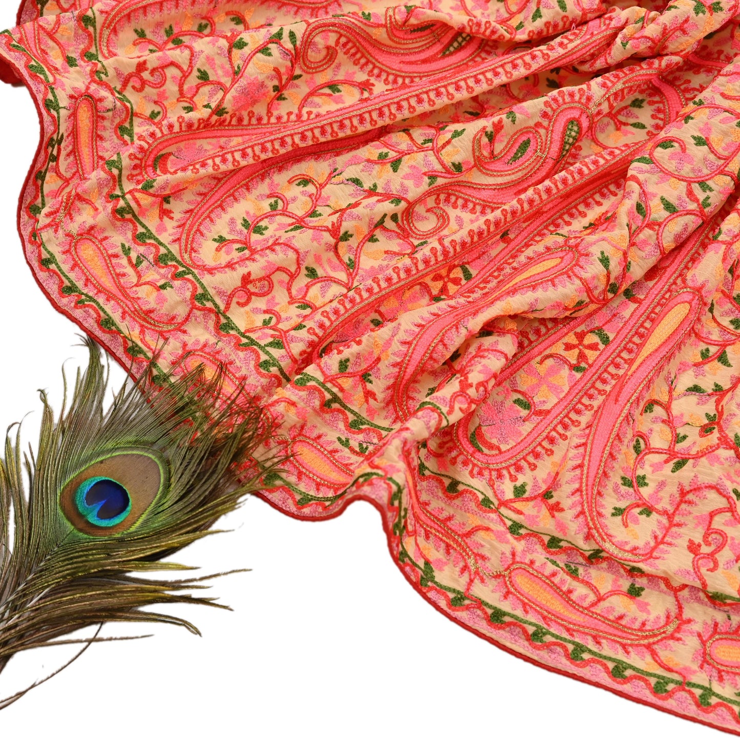 Indian Vintage Dupatta Beige Georgette Embroidered Scarf, Boho Veil